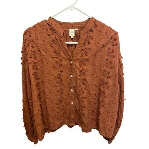 Seen Worn Kept Women's Eyelet Design Long Sleeve Brown Button Up Blouse Size 8